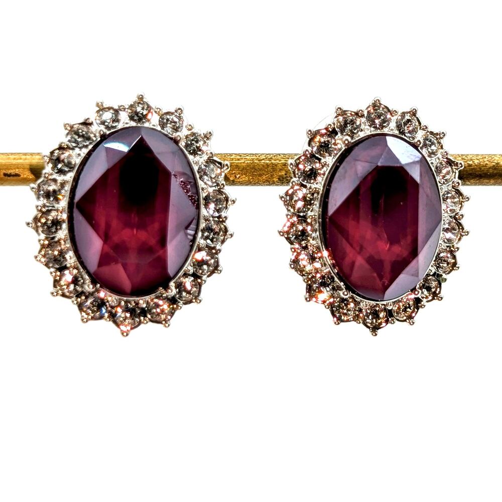 Deep Mauve Oval Faceted Glass Stone W/ CZ Halo Surround Silver Tone Earrings